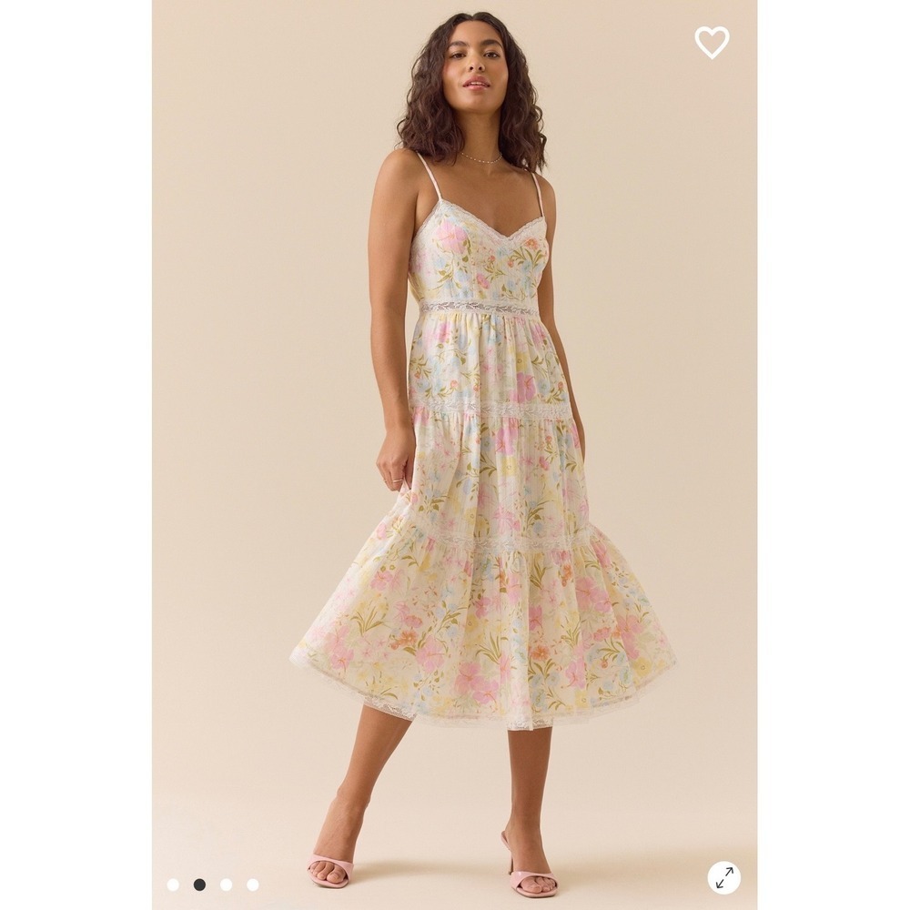 Altar'd State Floral Lace Trim Tiered Midi Dress Cream Pastel Size Small